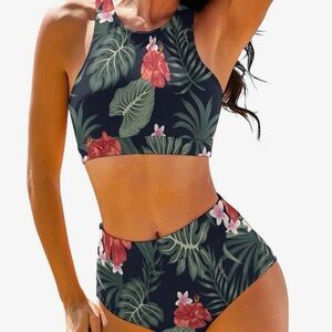 Floral Print Bikini Set - Black and Red